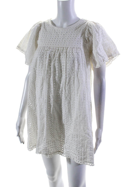 Chloe Girls Short Sleeve Open Knit Back Button Knee Length Dress White 14