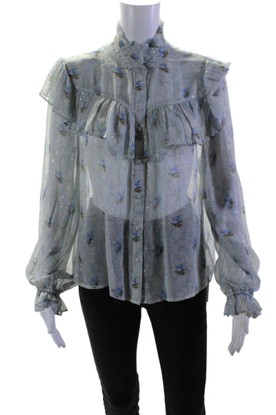 Love Shack Fancy Womens Silk Floral Print Button Down Blouse Blue Size Small