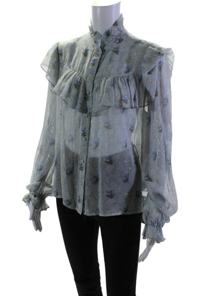 Love Shack Fancy Womens Silk Floral Print Button Down Blouse Blue Size Small