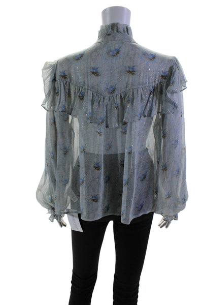 Love Shack Fancy Womens Silk Floral Print Button Down Blouse Blue Size Small