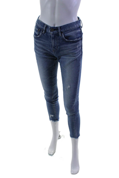 Moussy Womens Distressed Raw Hem Mid Rise Skinny Leg Jeans Blue Cotton Size 25