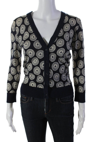 Tory Burch Womens Wool Dark Navy Printed V-Neck Cardigan Sweater Top Size S