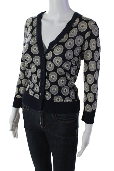 Tory Burch Womens Wool Dark Navy Printed V-Neck Cardigan Sweater Top Size S