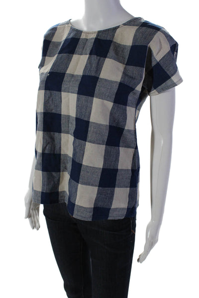 Pendleton Womens Cotton Short Sleeve Gingham Print Blouse Blue Size XS