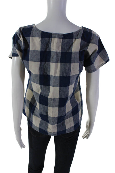 Pendleton Womens Cotton Short Sleeve Gingham Print Blouse Blue Size XS