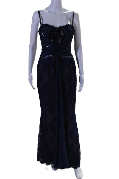 Zuhair Murad Womens Back Zip Beaded Lace Sweetheart Gown Navy Blue Size 6