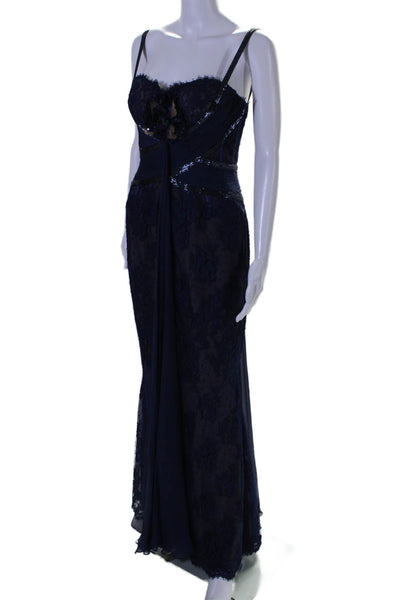 Zuhair Murad Womens Back Zip Beaded Lace Sweetheart Gown Navy Blue Size 6