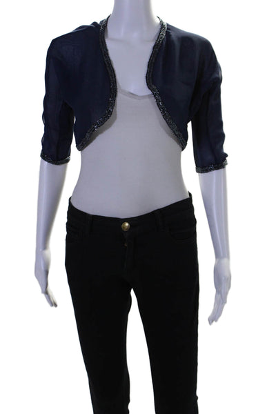 Designer Womens Half Sleeve Beaded Trim Sheer Cropped Jacket Blue Silk Small