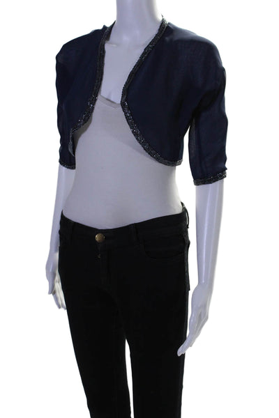 Designer Womens Half Sleeve Beaded Trim Sheer Cropped Jacket Blue Silk Small