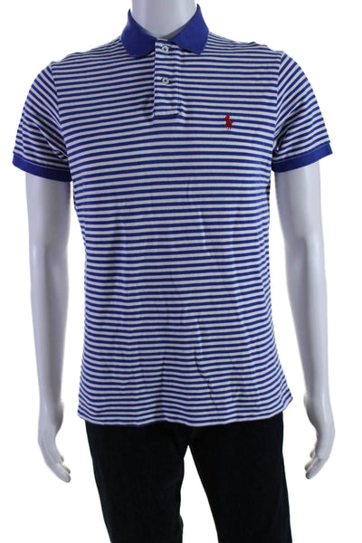 Polo Ralph Lauren Mens Two Button Collared Striped Polo Shirt Blue White Medium