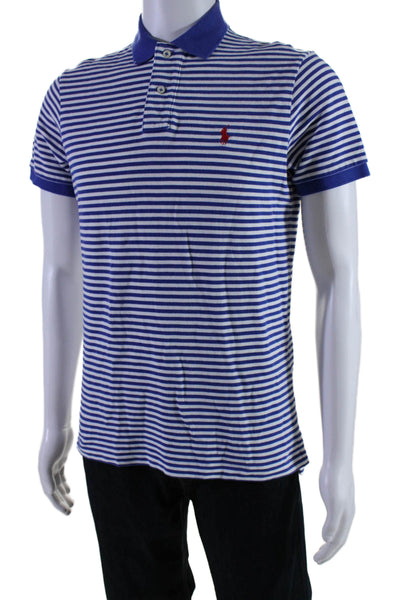 Polo Ralph Lauren Mens Two Button Collared Striped Polo Shirt Blue White Medium