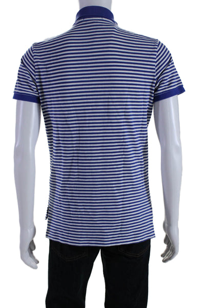 Polo Ralph Lauren Mens Two Button Collared Striped Polo Shirt Blue White Medium