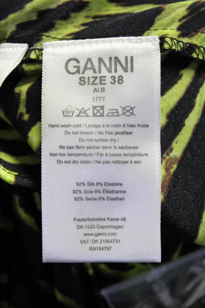 Ganni Womens Spaghetti Strap V Neck Tiger Striped Silk Dress Green Size FR 38