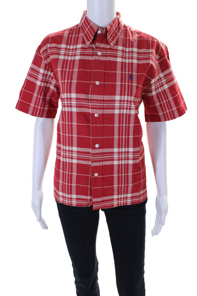 Ralph Lauren Blue Label Womens Cotton Plaid Buttoned Short Sleeve Top Red Size 6