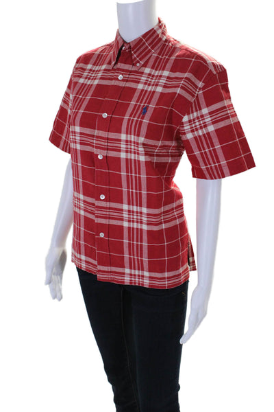 Ralph Lauren Blue Label Womens Cotton Plaid Buttoned Short Sleeve Top Red Size 6