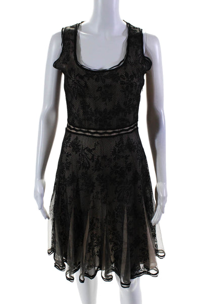 Zac Posen Womens Sleeveless Scoop Neck Lace Overlay Dress Black Brown Medium