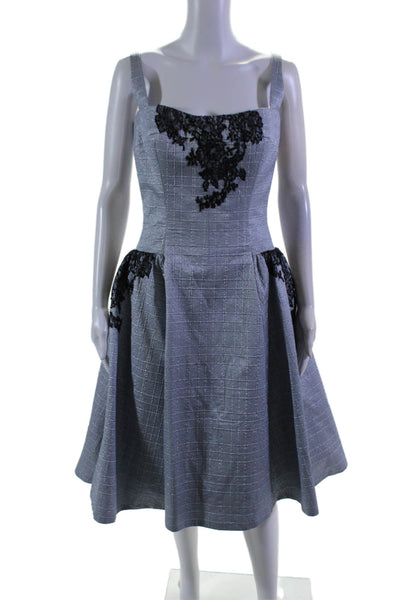 Peter Soronen Womens Back Zip Lace Trim Metallic Cocktail Dress Blue Size 6