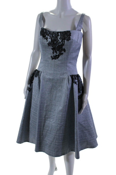 Peter Soronen Womens Back Zip Lace Trim Metallic Cocktail Dress Blue Size 6