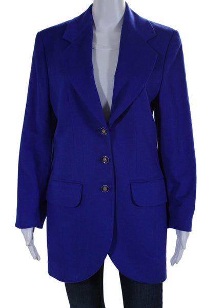 Louis Feraud Womens Wool Felt Notched Lapel Three Button Blazer Blue Size 8