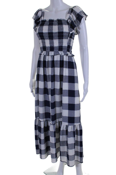 Moon River Womens Square Neck Plaid Smocked Maxi Dress Blue Size XS