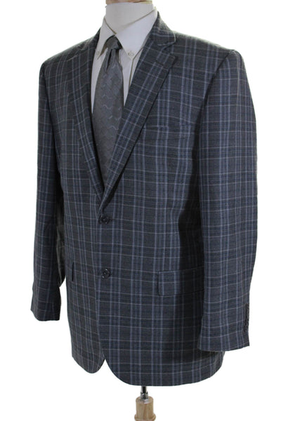 Alan Flusser Mens Plaid Two Button Blazer Jacket Gray Blue Size 42 Regular