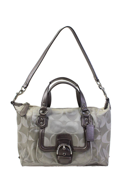 Coach Womens Satin Silver Tone Campbell Signature Shoulder Handbag Beige