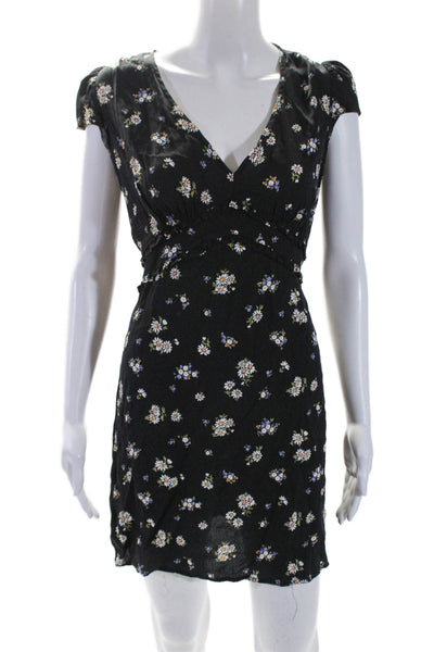 Reformation Womens Black Floral V-Neck Ruffle Short Sleeve Shift Dress Size 8