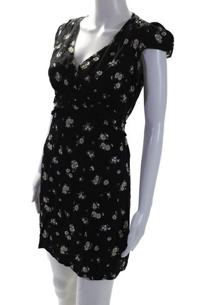 Reformation Womens Black Floral V-Neck Ruffle Short Sleeve Shift Dress Size 8