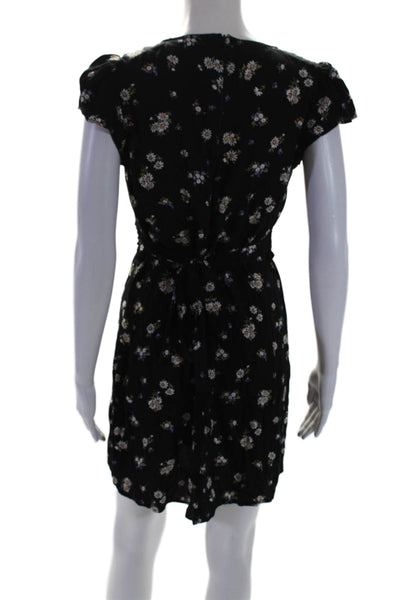 Reformation Womens Black Floral V-Neck Ruffle Short Sleeve Shift Dress Size 8