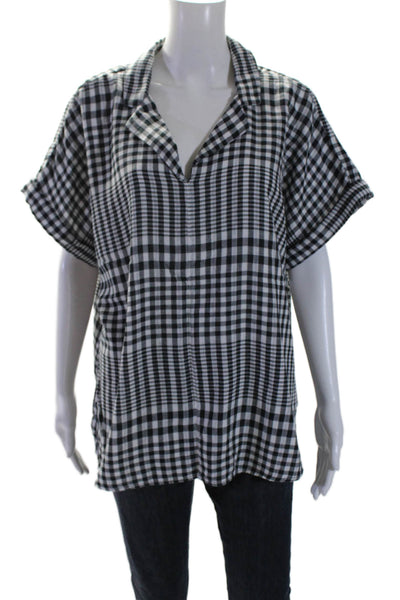 Beach Lunch Lounge Womens Short Sleeve Collared Gingham Shirt Black White XL