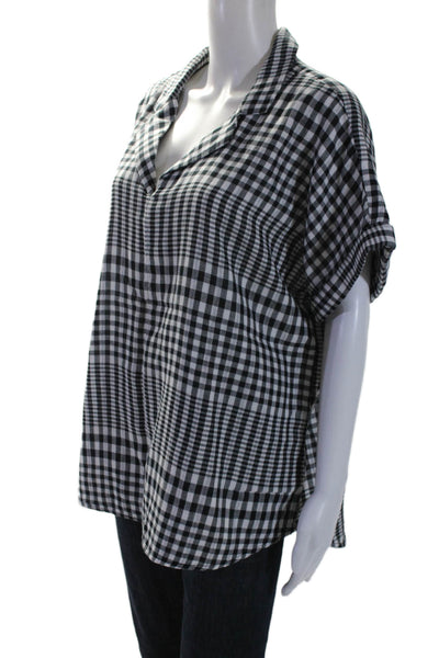 Beach Lunch Lounge Womens Short Sleeve Collared Gingham Shirt Black White XL