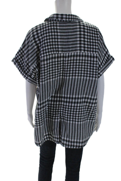 Beach Lunch Lounge Womens Short Sleeve Collared Gingham Shirt Black White XL