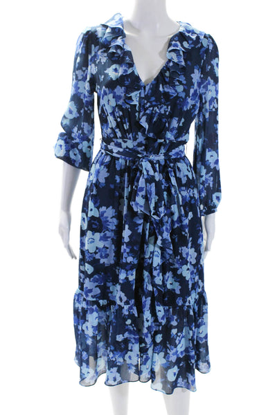 J Crew Womens Floral Print V-Neck Belted Ruffled Zipped Maxi Dress Blue Size 4