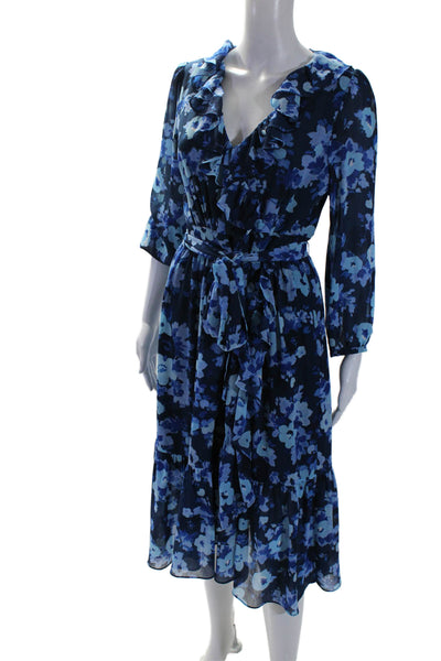 J Crew Womens Floral Print V-Neck Belted Ruffled Zipped Maxi Dress Blue Size 4