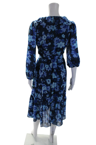 J Crew Womens Floral Print V-Neck Belted Ruffled Zipped Maxi Dress Blue Size 4