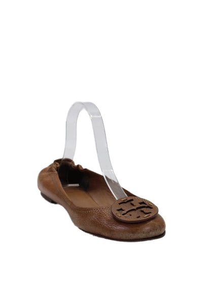 Tory Burch Womens Leather Medallion Ruched Slip-On Round Toe Flats Brown Size 10