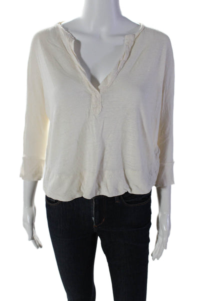 Ba&Sh Womens Linen V-Neck 3/4 Sleeve Pullover Casual Blouse Top Beige Size 0