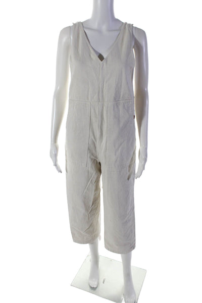 Alex Mill Womens Cotton V-Neck Buttoned Belted Slip-On Jumpsuit Beige Size XS