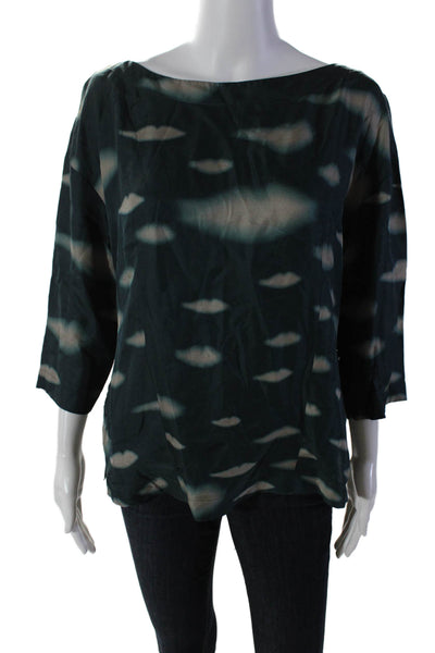 Sonia Rykiel Womens Dark Green Printed Boat Neck 3/4 Sleeve Blouse Top Size L