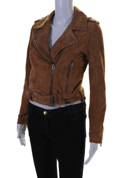 Blank NYC Women's Collared Long Sleeves Suede Moto Jacket Brown Size XS