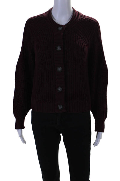 525 Women's Round Neck Long Sleeves Button Down Cardigan Burgundy Size XS