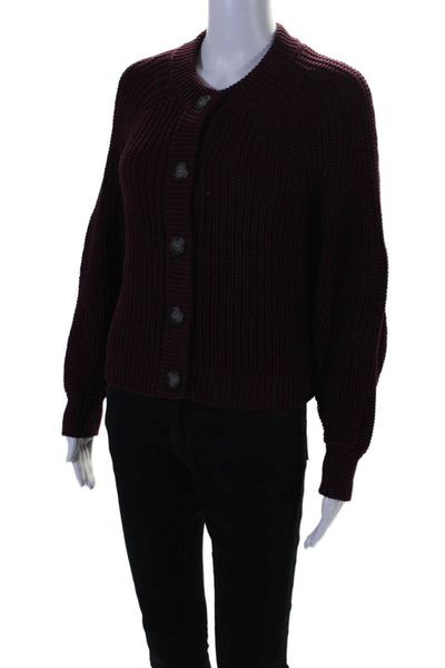 525 Women's Round Neck Long Sleeves Button Down Cardigan Burgundy Size XS