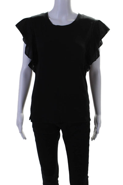 ATM Women's Round Neck Flutter Sleeves Basic T-Shirt Black Size XS