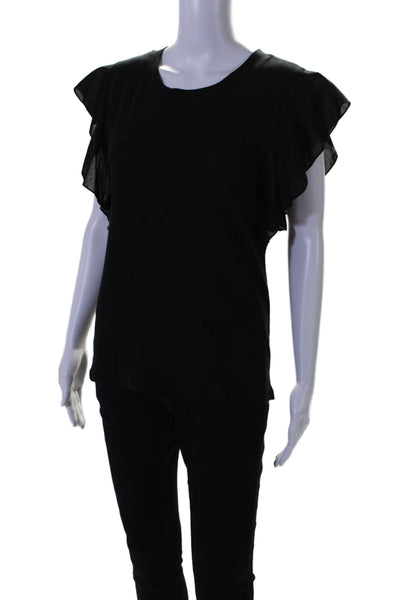 ATM Women's Round Neck Flutter Sleeves Basic T-Shirt Black Size XS