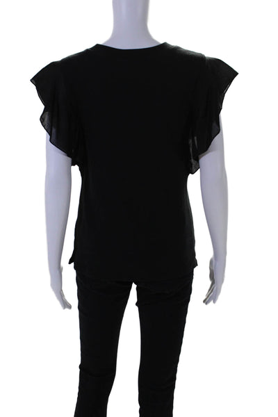 ATM Women's Round Neck Flutter Sleeves Basic T-Shirt Black Size XS