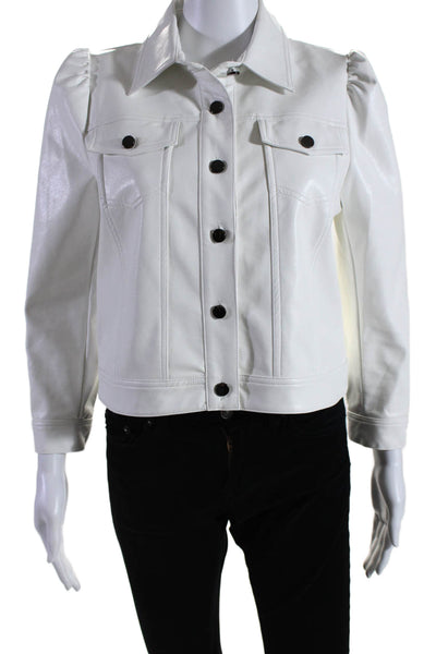 TCEC Womens Faux Leather Collared Darted Button Long Sleeve Jacket White Size M