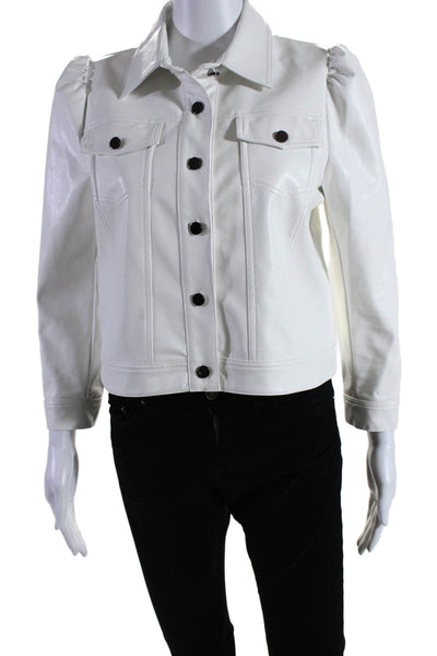 TCEC Womens Faux Leather Collared Darted Button Long Sleeve Jacket White Size M