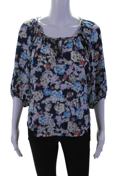 Rebecca Taylor Womens 3/4 Sleeve Keyhole Floral Silk Top Navy Multi Size 2