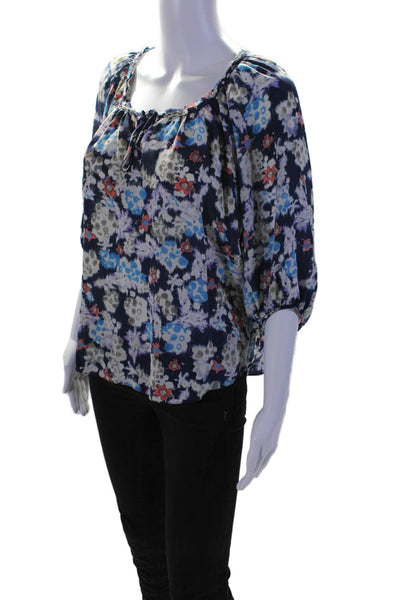 Rebecca Taylor Womens 3/4 Sleeve Keyhole Floral Silk Top Navy Multi Size 2