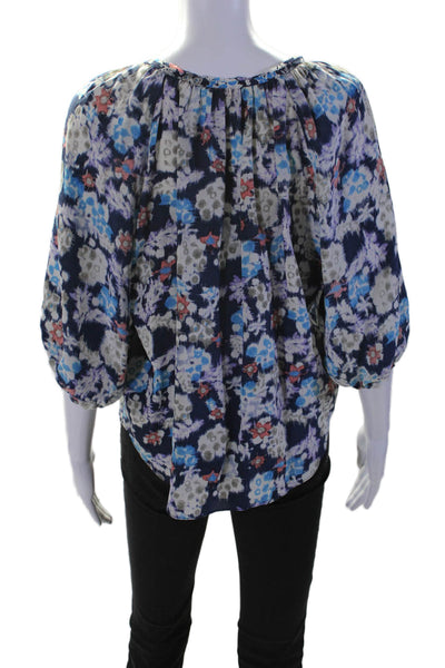 Rebecca Taylor Womens 3/4 Sleeve Keyhole Floral Silk Top Navy Multi Size 2